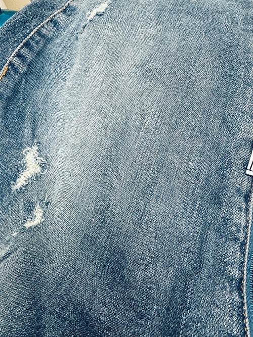 Distressed Denim Midi Skirt Decorative Asymmetrical Metal Zipper And Frayed Hem