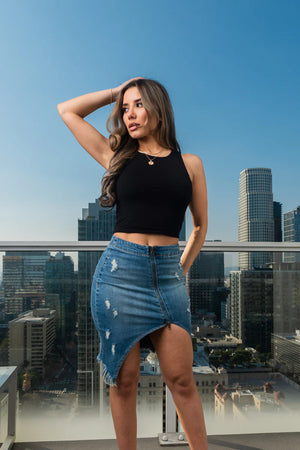 Distressed Denim Midi Skirt Decorative Asymmetrical Metal Zipper And Frayed Hem