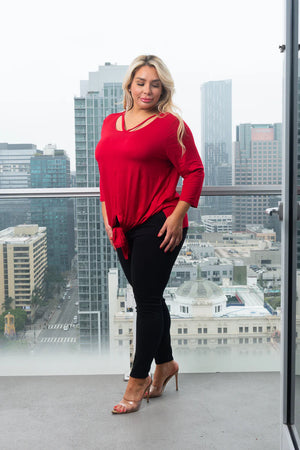 Plus Size 3/4 Sleeve Round Neck Top with Cut Out Detail and Vented Tie Front in Red