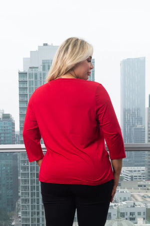Plus Size 3/4 Sleeve Round Neck Top with Cut Out Detail and Vented Tie Front in Red