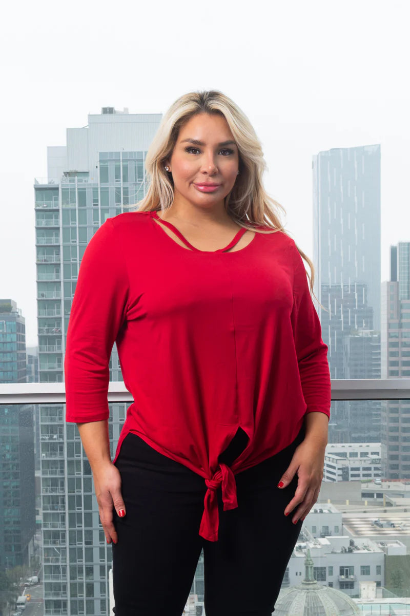 Plus Size 3/4 Sleeve Round Neck Top with Cut Out Detail and Vented Tie Front in Red