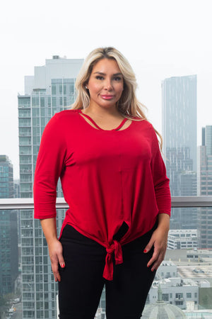 Plus Size 3/4 Sleeve Round Neck Top with Cut Out Detail and Vented Tie Front in Red