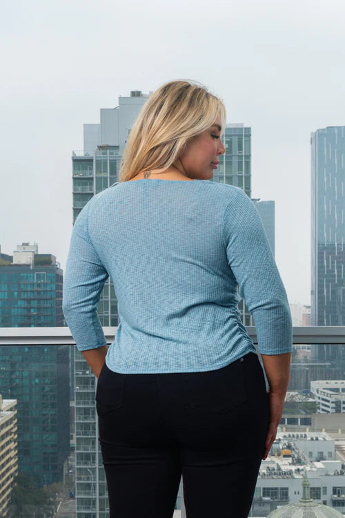 Plus Size 3/4 Sleeve Rib Knit Top with Ruched Sides in Robin Egg Blue