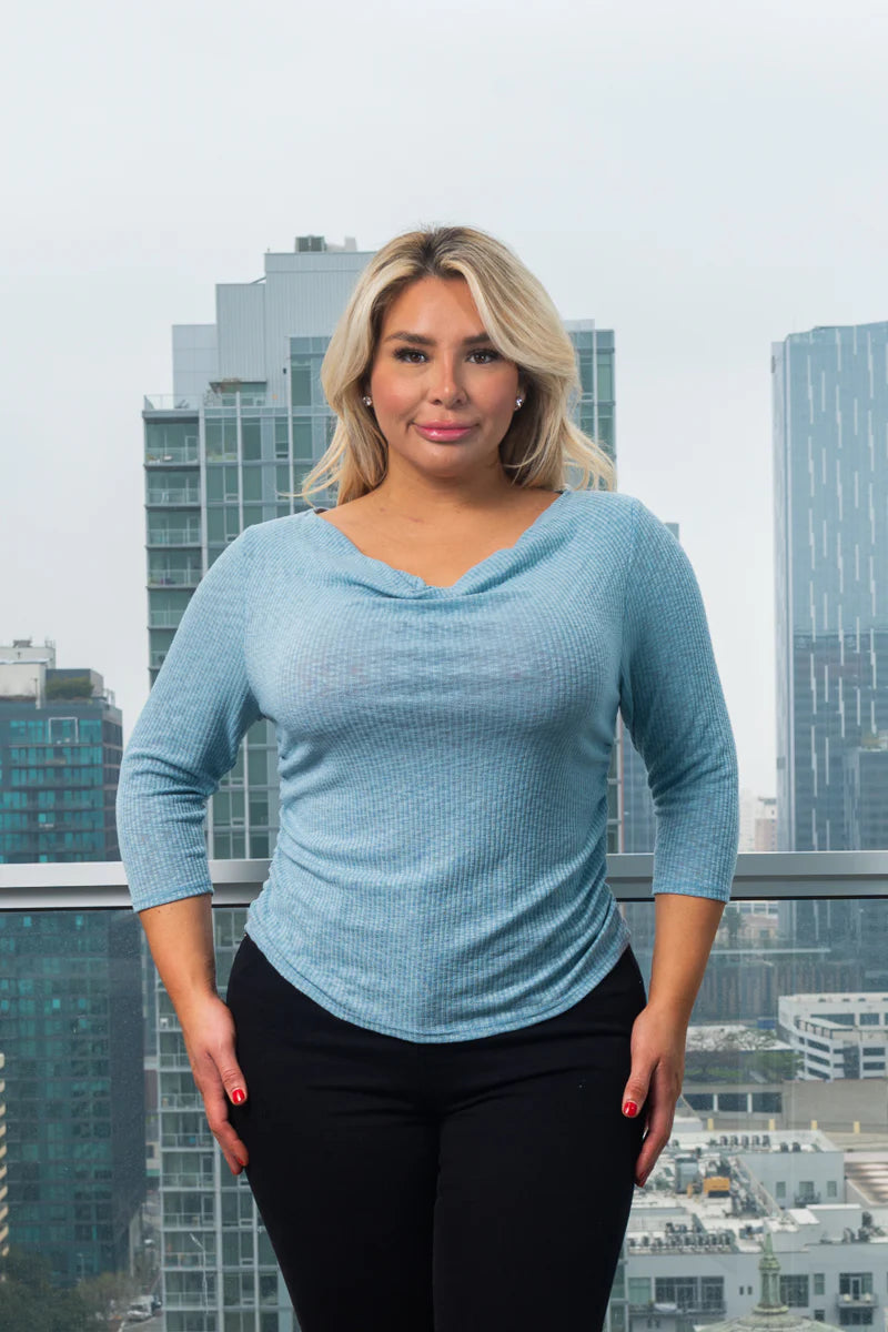 Plus Size 3/4 Sleeve Rib Knit Top with Ruched Sides in Robin Egg Blue