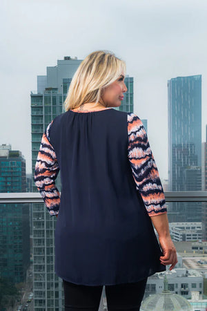 Plus Size 3/4 Sleeve Top Front Printed and Solid Chiffon Contrast Detail on Back*
