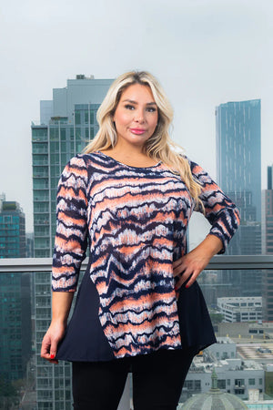 Plus Size 3/4 Sleeve Top Front Printed and Solid Chiffon Contrast Detail on Back*