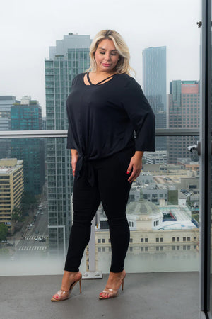 Plus Size 3/4 Sleeve Round Neck Top with Cut Out Detail and Vented Tie Front in Black