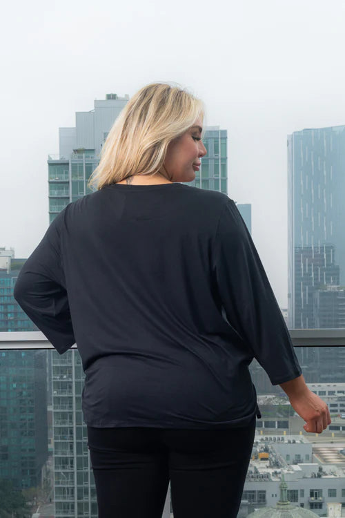Plus Size 3/4 Sleeve Round Neck Top with Cut Out Detail and Vented Tie Front in Black
