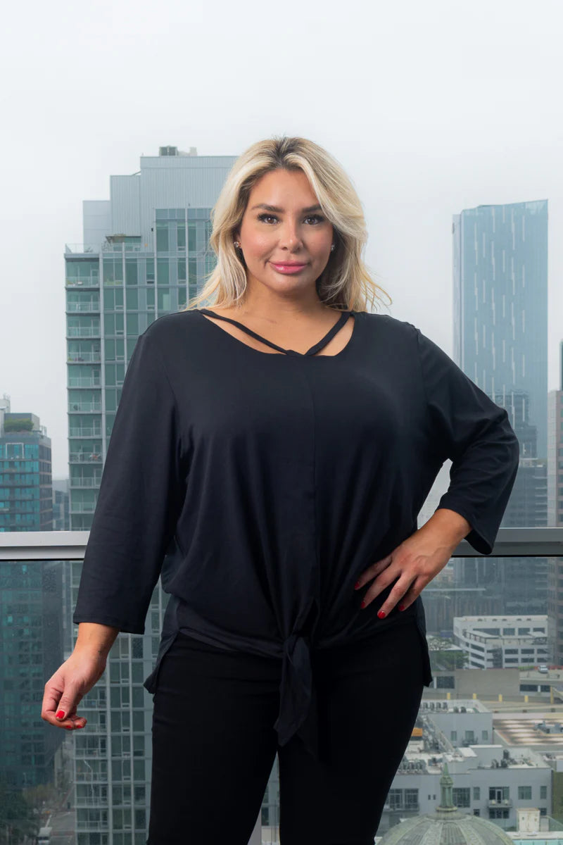 Plus Size 3/4 Sleeve Round Neck Top with Cut Out Detail and Vented Tie Front in Black
