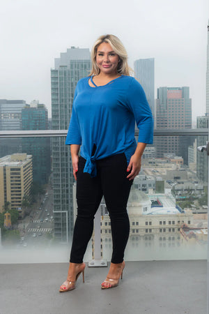 Plus Size 3/4 Sleeve Round Neck Top with Cut Out Detail and Vented Tie Front in Blue
