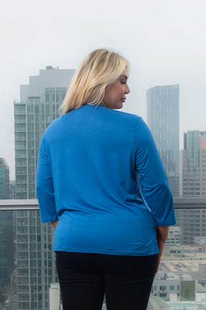 Plus Size 3/4 Sleeve Round Neck Top with Cut Out Detail and Vented Tie Front in Blue