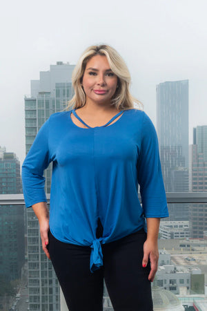 Plus Size 3/4 Sleeve Round Neck Top with Cut Out Detail and Vented Tie Front in Blue