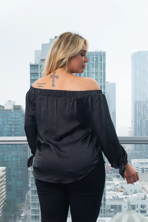 Pretty Solid 3/4 Sleeve Satin Top With Tie Detail At Cuff