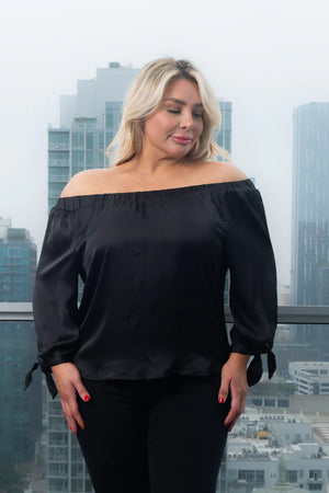 Pretty Solid 3/4 Sleeve Satin Top With Tie Detail At Cuff
