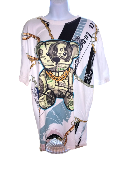 Unisex Trendy Cartoon Bear, Money & Lion Pattern Print Mens T-Shirt, Graphic Tee Summer Clothes