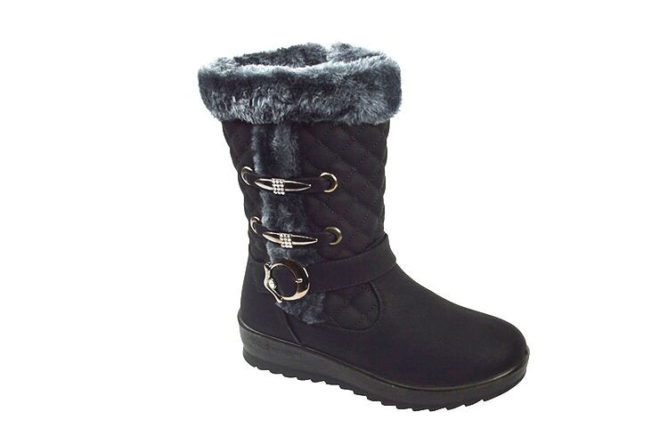 Winter Warm Black Quilted Snow Boots Women Cotton Fur Low Heel Round Head Belt Buckle Thickening Mid Calf Boots SIZE: 5-8