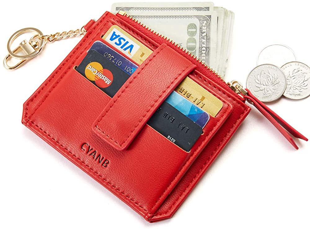 Small Credit Card Wallet，Slim Zipper Card Cases Holder Front Pocket Wallets for women Girls with Key Chain
