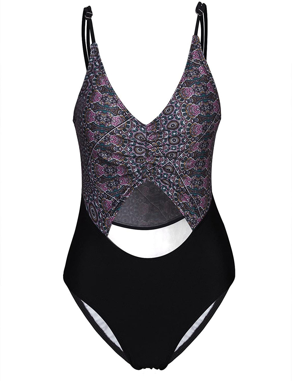 Women's One Piece Swimsuit High Waisted Open Front and Back, Black with patterned waist to top