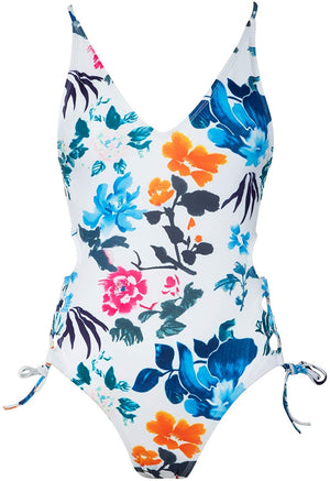 Women's Butterfly & Flowers V Neck One Piece Swimsuit Cutout Bathing Suit, Backless