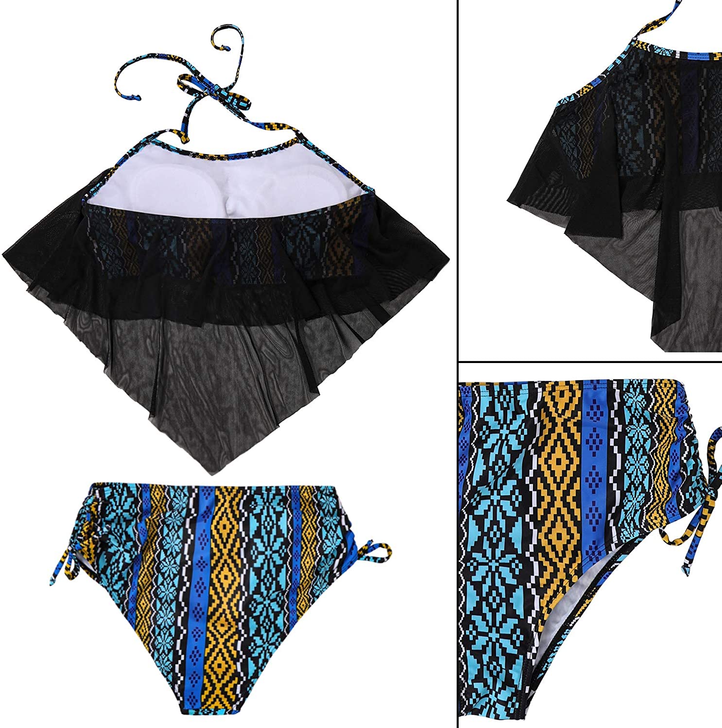 Women's Two Piece Swimsuit, Bikini, Black Colorful ZigZip Pattern Black Bottoms Bathing Suit