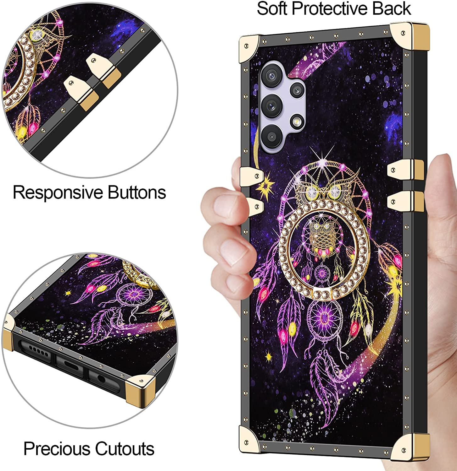 Luxury Elegant Square Galaxy A32 Case with Kickstand Ring Stand for Women Girls Metal Corner Soft TPU Full Body Shockproof Protective Cover for Samsung Galaxy A32 5G Owl