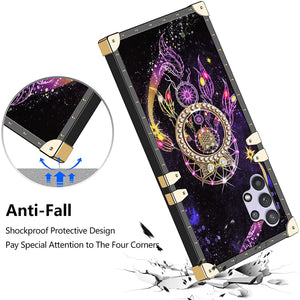 Luxury Elegant Square Galaxy A32 Case with Kickstand Ring Stand for Women Girls Metal Corner Soft TPU Full Body Shockproof Protective Cover for Samsung Galaxy A32 5G Owl