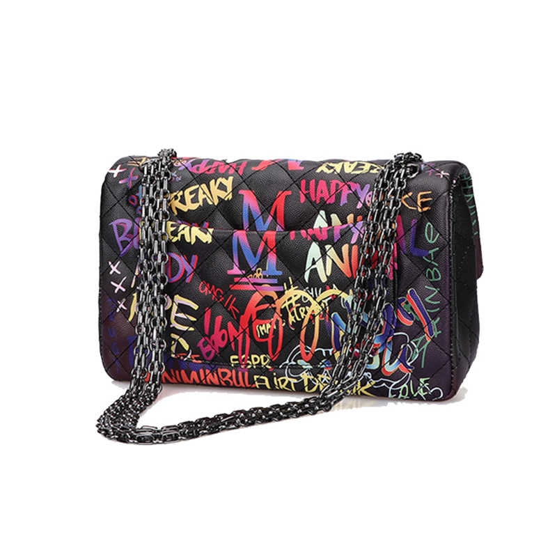 Just REDUCED!! Graffiti Printed Shoulder Big Bags Fashion Large Travel Bags Women Luxury Chain Handbags (Medium Size, Black or Rainbow)