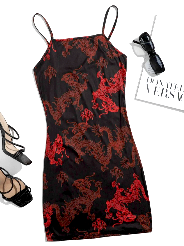 Chinese Dragon Print Dress Red with Black Lace