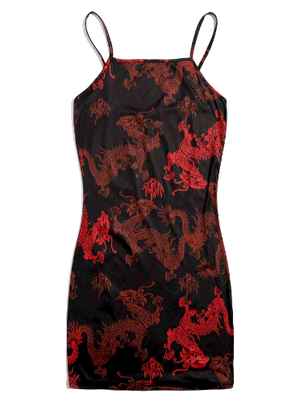 Chinese Dragon Print Dress Red with Black Lace