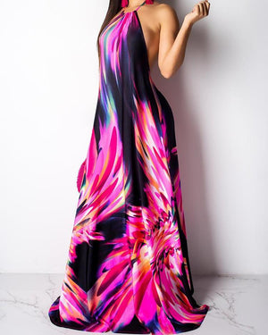 HOT!! Halter Black & Hot Pink Colorful Print Open Back Maxi Dress Summer Vacation 2XL