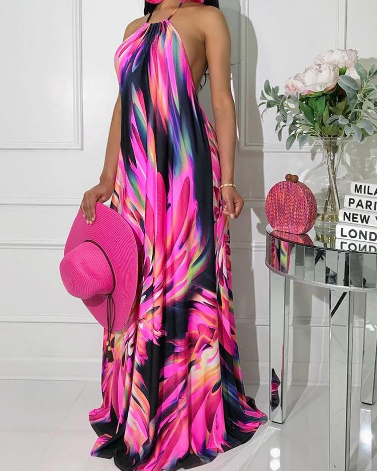 HOT!! Halter Black & Hot Pink Colorful Print Open Back Maxi Dress Summer Vacation 2XL