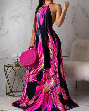 HOT!! Halter Black & Hot Pink Colorful Print Open Back Maxi Dress Summer Vacation 2XL