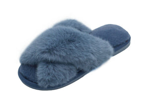 LADIES LUXURY FLUFFY SLIPPERS, BEDROOM SLIPPERS, CRISS CROSS FUZZY OPEN TOE, FURRY SLIDES SHOES