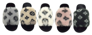 LADIES LUXURY INSPIRED DESIGNER FLUFFY SLIPPERS, BEDROOM SLIPPERS, SANDALS FLAT OPEN TOE, FURRY SLIDES SHOES