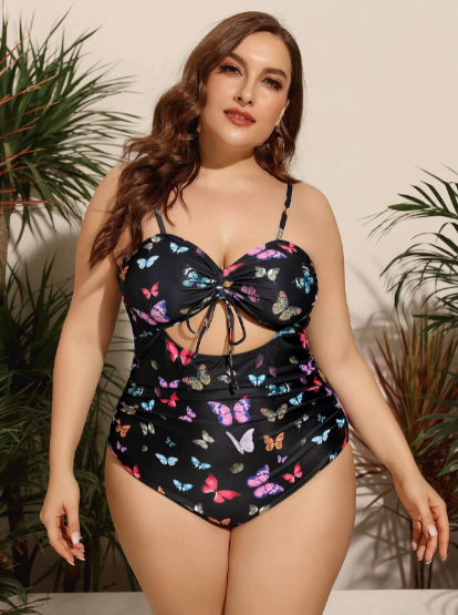 Multi Color Butterfly Black Print Drawstring One Piece Swimsuit Plus Size