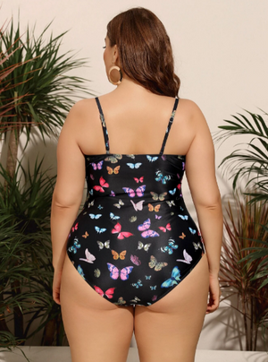 Multi Color Butterfly Black Print Drawstring One Piece Swimsuit Plus Size