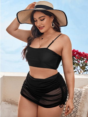 3 PC High Waisted Bikini Swimsuit & Drawstring Cover Up Plus Size Black, Red, or Green