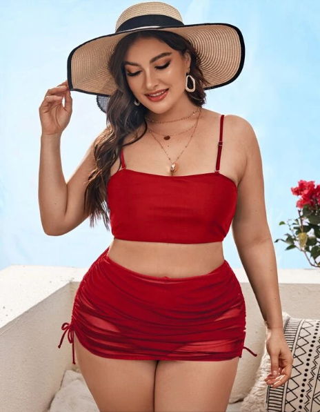 3 PC High Waisted Bikini Swimsuit & Drawstring Cover Up Plus Size Black, Red, or Green