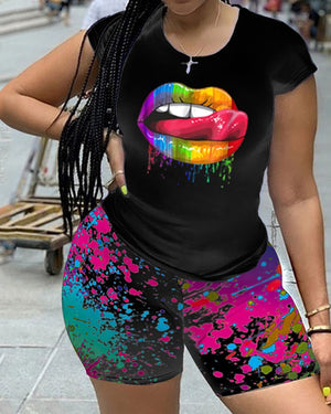 Plus Size Lip Lick Splash Ink Print T-shirt & Shorts Black Set 2XL