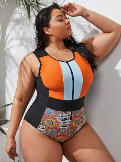 Zip-up One Piece Swimsuit Plus Size Gorgeous Multi Color
