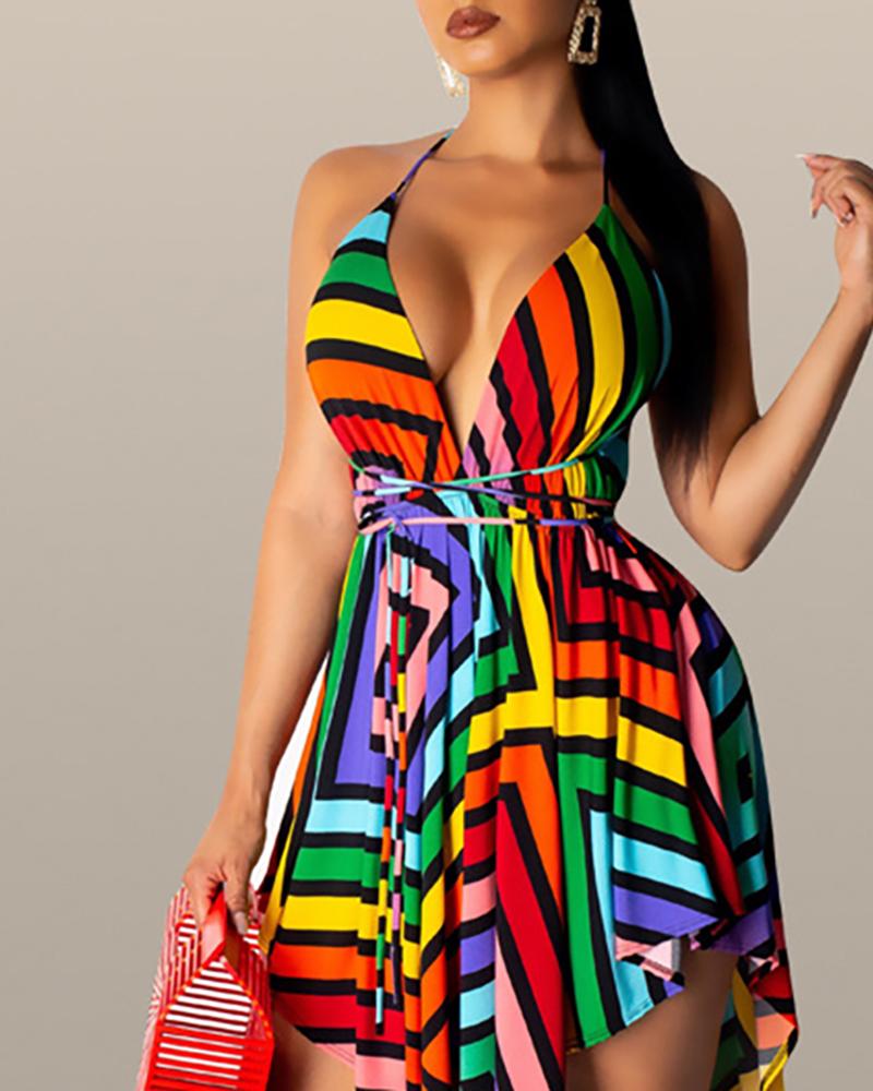 V-Neck Backless Colorful Striped Irregular Dress MultiColor 2XL