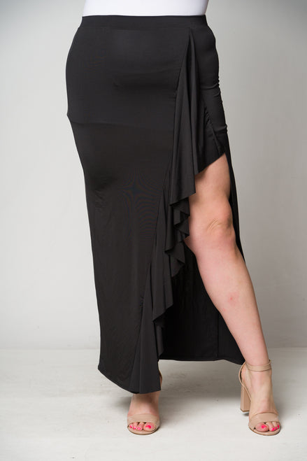BLACK, PLUS SIZE, LONG SKIRT WITH SIDE SLIT WITH RUFFLE DOWN SLIT