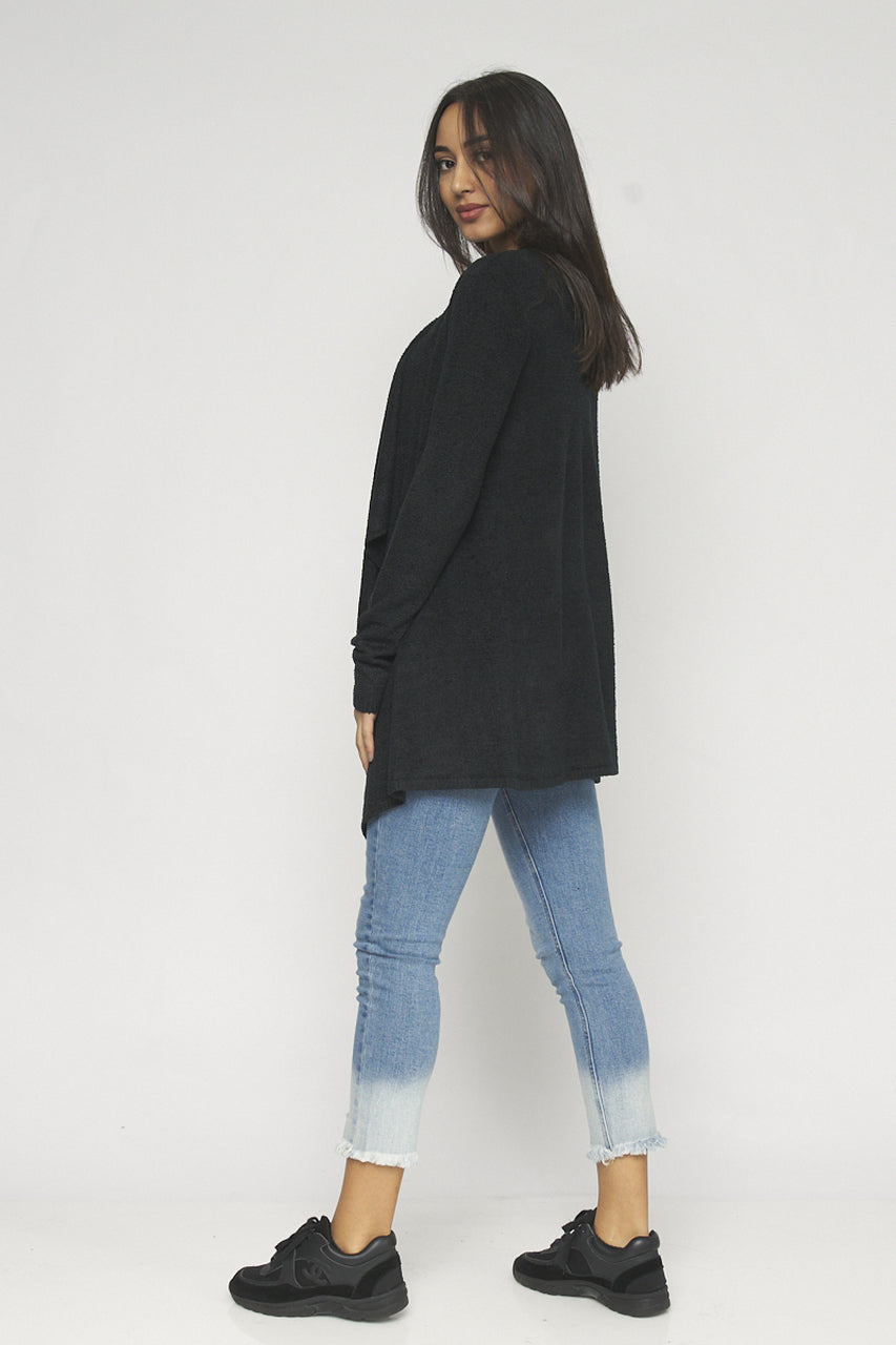 BLACK THICK KNIT OPEN FRONT SOFT FABRIC CARDIGAN