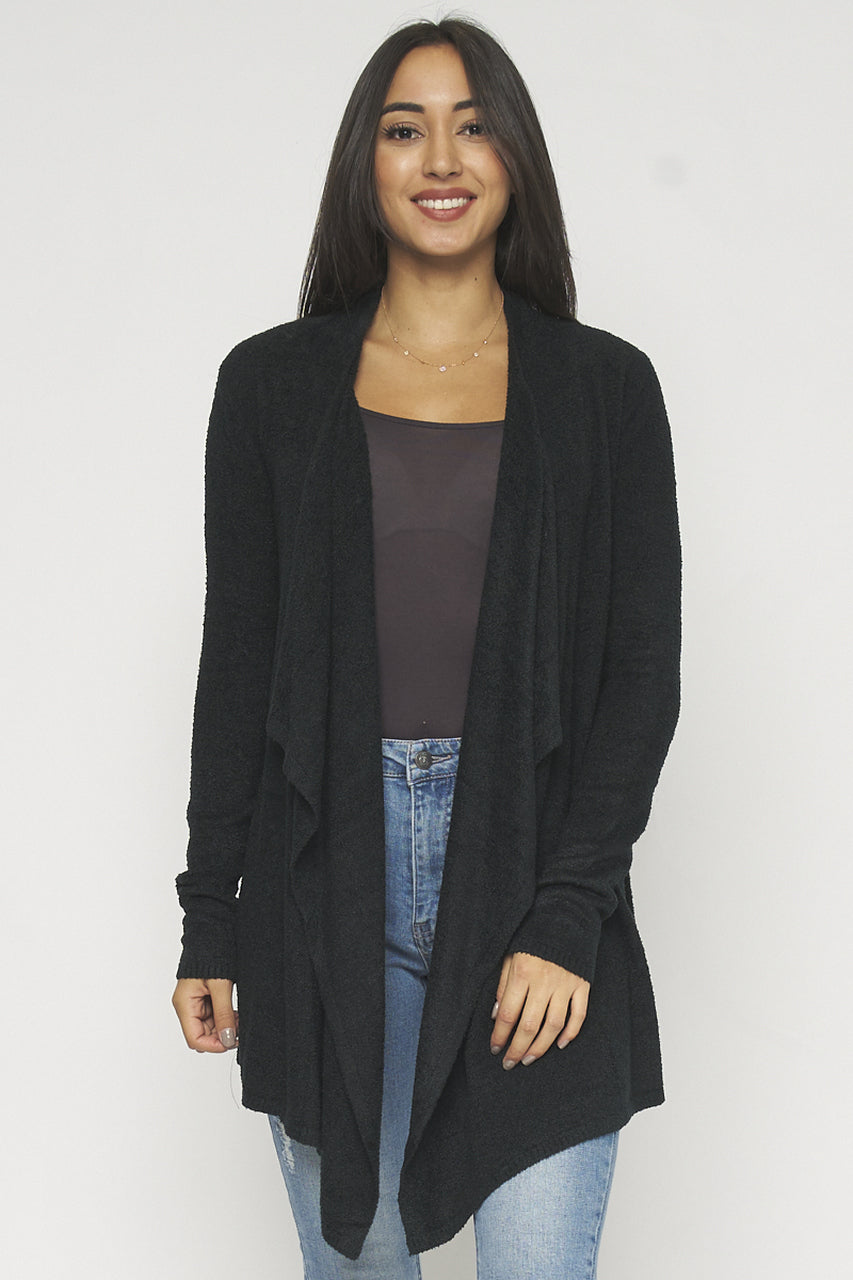 BLACK THICK KNIT OPEN FRONT SOFT FABRIC CARDIGAN