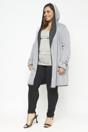 GREY BLACK KNIT LONG SLEEVE OPEN FRONT HOODED PLUS SIZE CARDIGAN