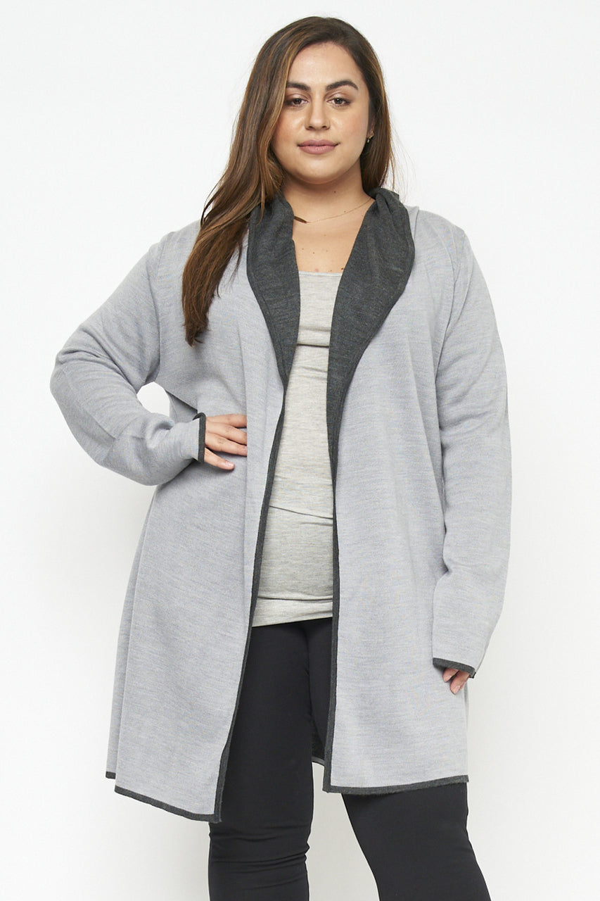 GREY BLACK KNIT LONG SLEEVE OPEN FRONT HOODED PLUS SIZE CARDIGAN