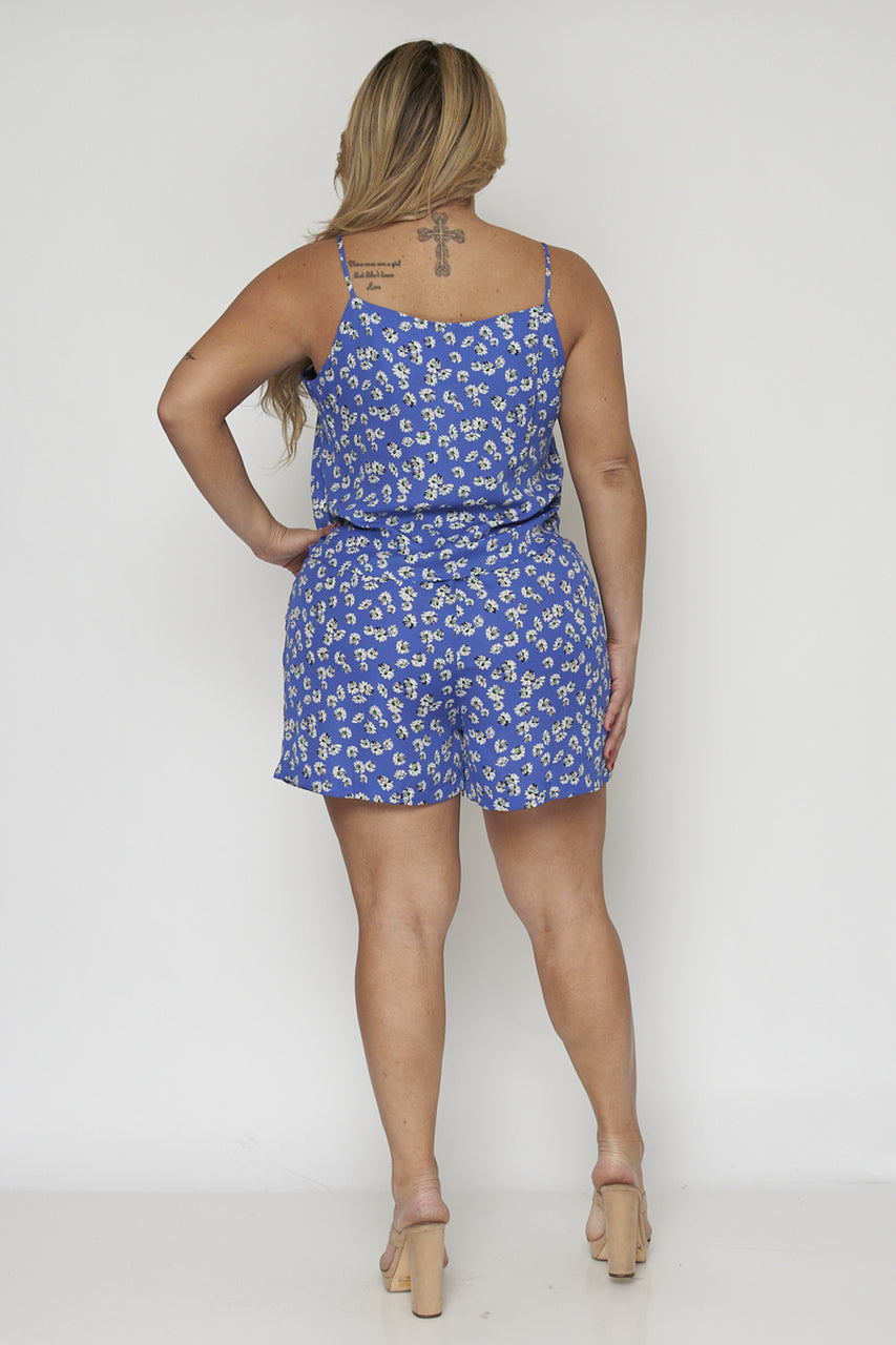 ROYAL FLORAL DAISY SLEEVELESS BUTTON DOWN FRONT TIE TOP WITH ELASTIC WAIST SHORT WITH POCKETS PLUS SIZE 2PCS SET