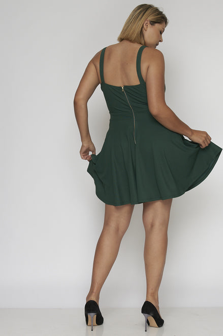 HUNTER GREEN PLUS SIZE MINI DRESS CUT OUT FRONT BOTTOM FLARE SLEEVELESS THICK STRAP