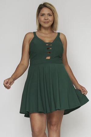 HUNTER GREEN PLUS SIZE MINI DRESS CUT OUT FRONT BOTTOM FLARE SLEEVELESS THICK STRAP