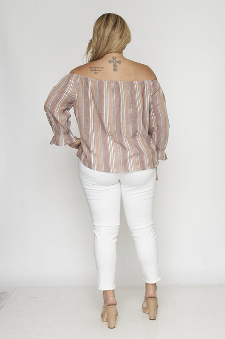 Off The Shoulder Blouse Top Striped Lightweight Bottom Knot Tie ~ Plus Size